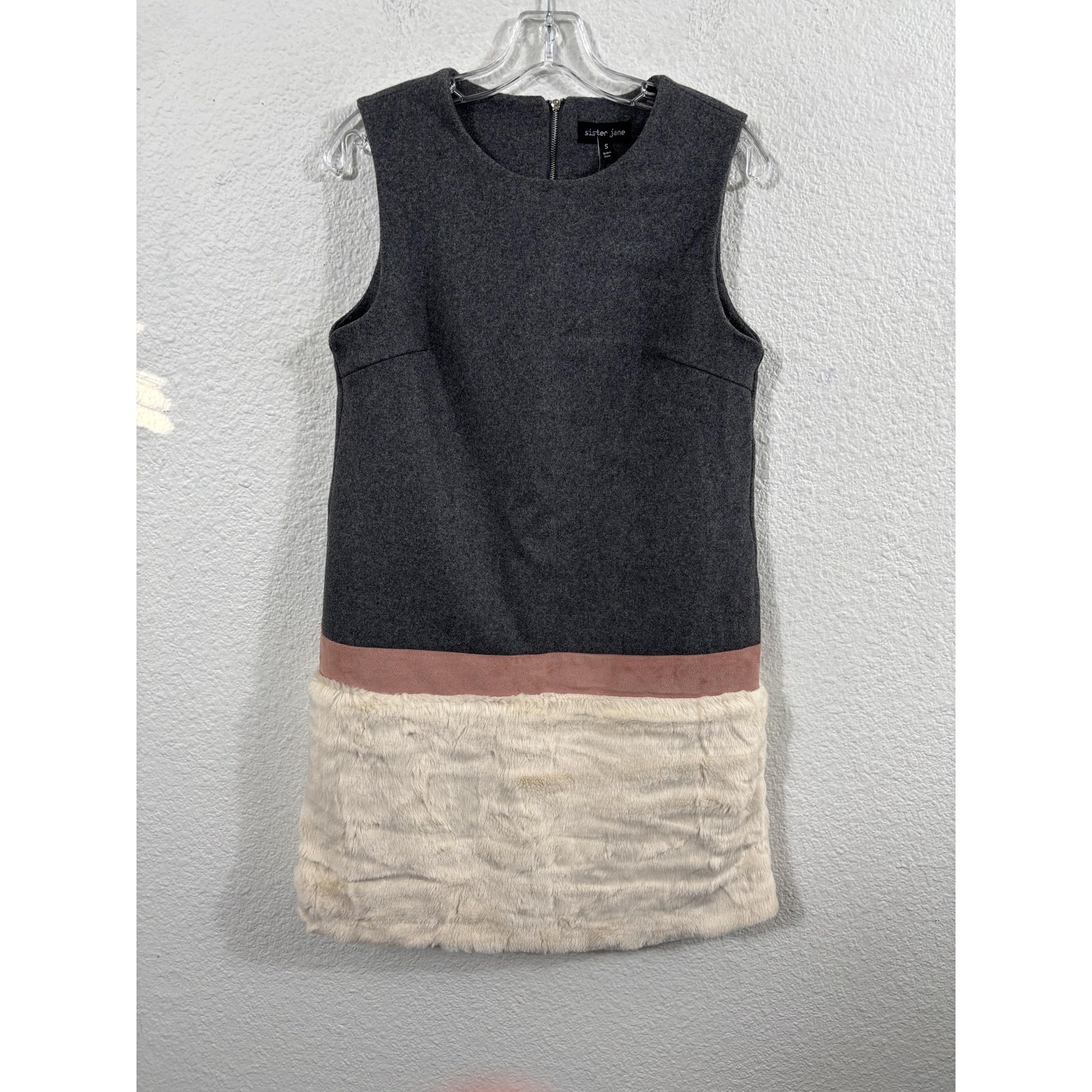 Sister Jane Dress Womens Small Gray Colorblock Faux Fur Hem Shift Mini Retro